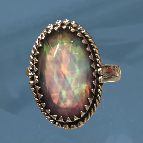 Faceted Aurora Opal Sterling Silver Ring (7.5) - Picture 2 of 4